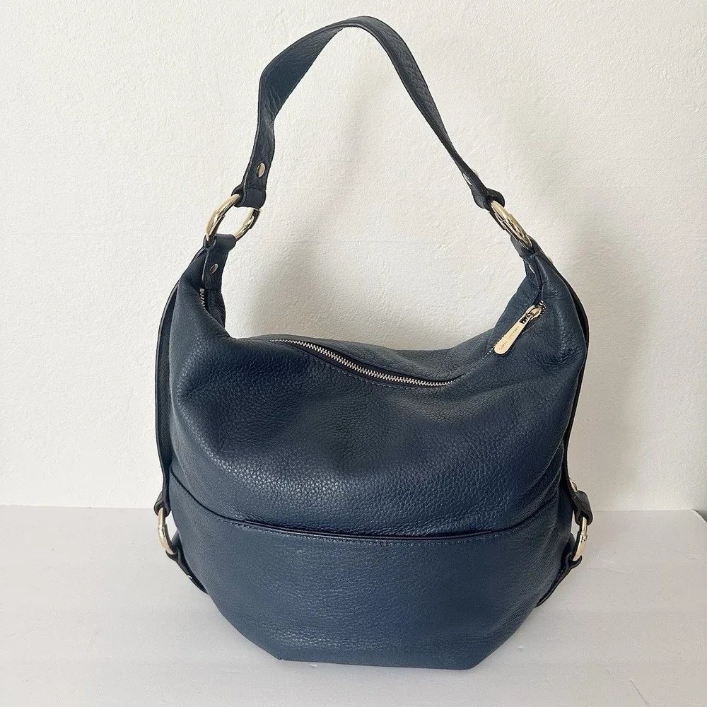 Michael Kors Fulton Large Hobo Shoulder Bag Navy Blue Pebbled Leather Gold MK